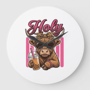 Holy Highland Cow Vintage Boba Tea Shirt Design_1 Large Clock