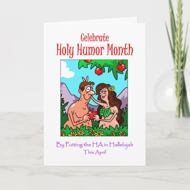 Holy Humour Month April Adam and Eve in Garden Holiday Card (Front)