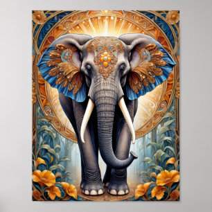 Holy indian elephant on ethnic pattern and flowers poster