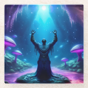 Holy Man In Cave Has Arms Raised Heavenward Glass Coaster