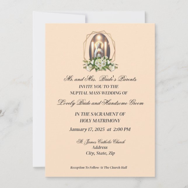 Holy Mary In White With White Roses  Catholic Invitation (Front)