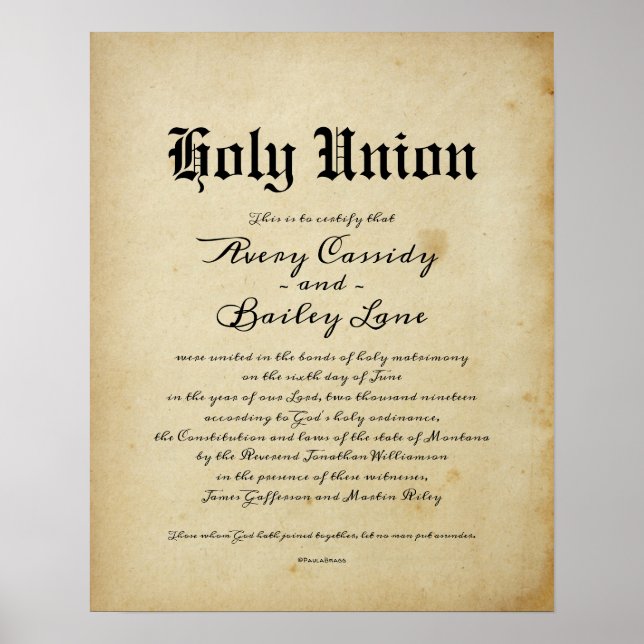 "Holy Matrimony" Antique Wedding Certificate Poster (Front)