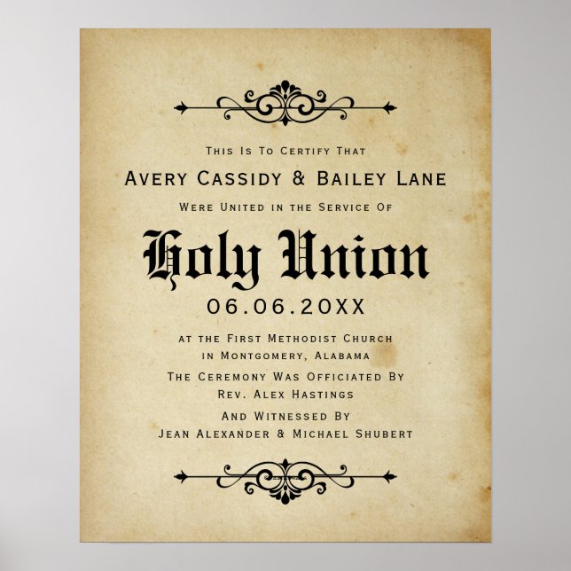 "Holy Matrimony" Antique Wedding Certificate Poster (Front)
