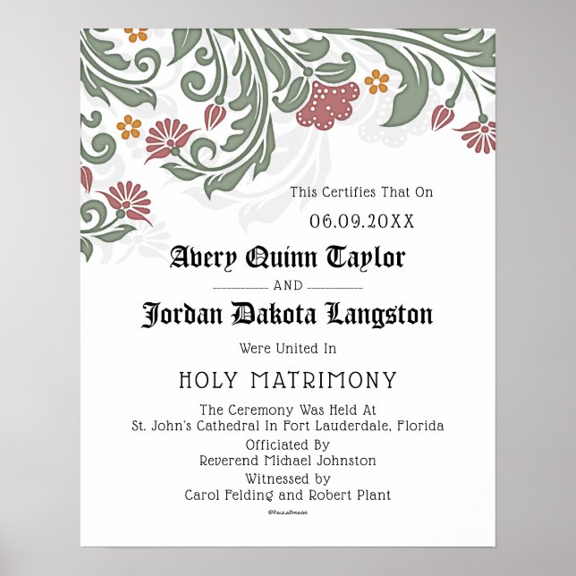 "Holy Matrimony" Floral Scroll Wedding Certificate Poster (Front)