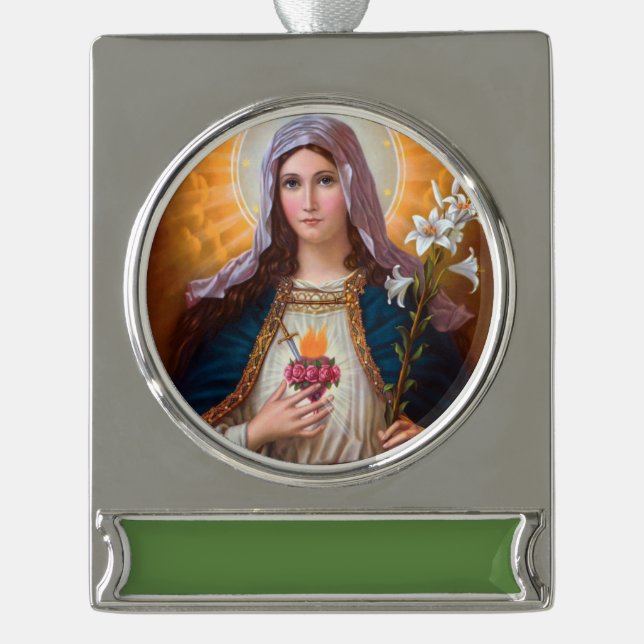 Holy mother Mary Immaculate Heart,Catholic faith, Silver Plated Banner Ornament (Front)