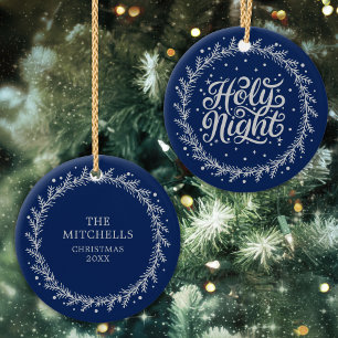 Holy Night Blue Silver Script Elegant Keepsake Ceramic Tree Decoration