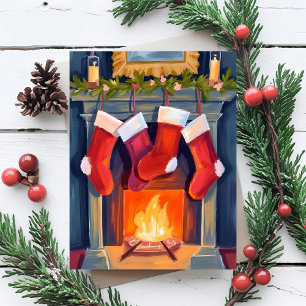 Holy Night   Christmas Stockings Watercolor Holiday Card