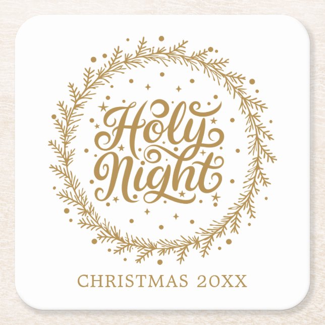 Holy Night Elegant Gold Script Christmas Holiday Square Paper Coaster (Front)
