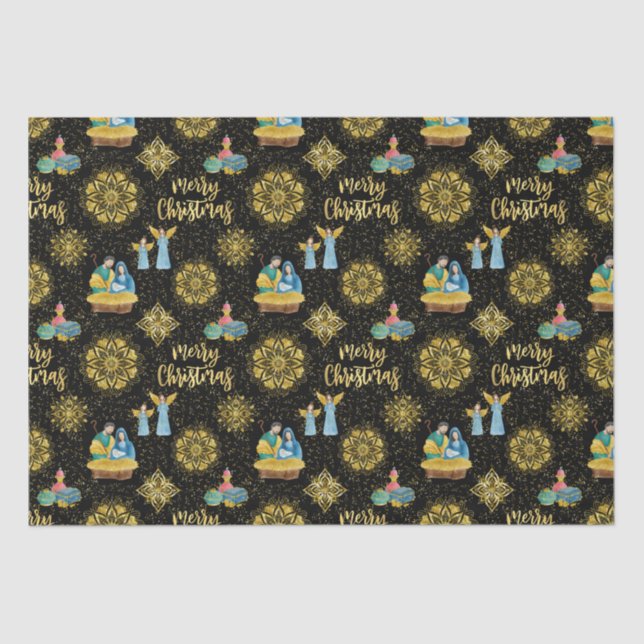 Holy Night Nativity Mary Joseph Jesus Golden Stars Tissue Paper (Front)