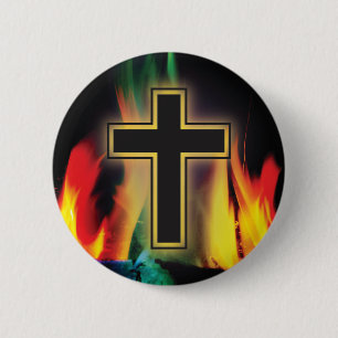 HOLY RAINBOW FIRE CROSS! CHRISTIAN SPIRITUAL POWER 6 CM ROUND BADGE
