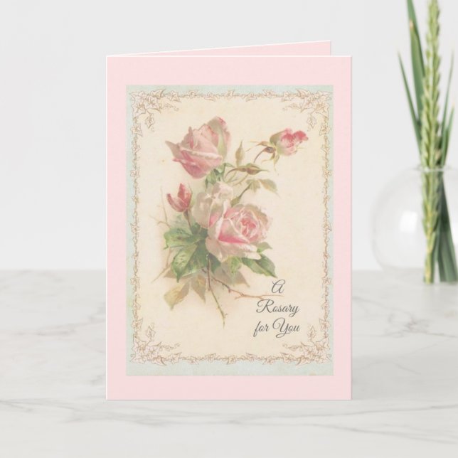 Holy Rosary with pink roses Prayer Card (Front)