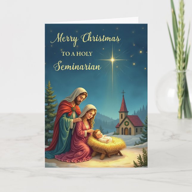 Holy Seminarian Christmas Nativity with Church Card (Front)