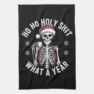 Holy Shirt What A Year Christmas Humour Skeleton Tea Towel