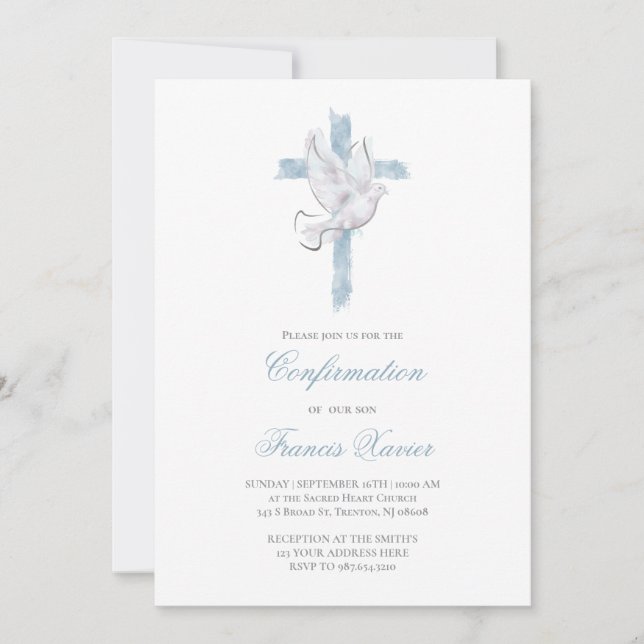 Holy Spirit blue cross Confirmation Invitation (Front)