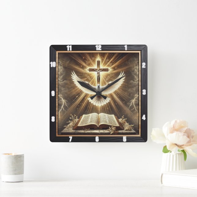 Holy Spirit Cross Dove Bible Square Wall Clock (Home)