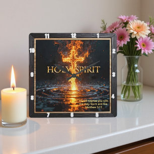 Holy Spirit Fire Cross Water Glowing Matthew 3:11 Square Wall Clock