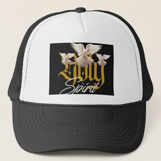 Holy Spirit Grunge Typography Tee | Black, White  Trucker Hat (Front)