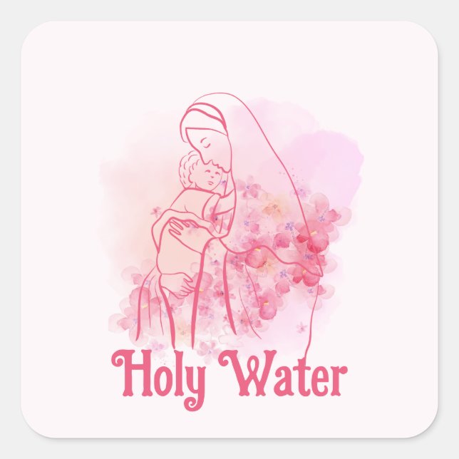 Holy Water Pink Floral Virgin Mary Jesus Custom Square Sticker (Front)