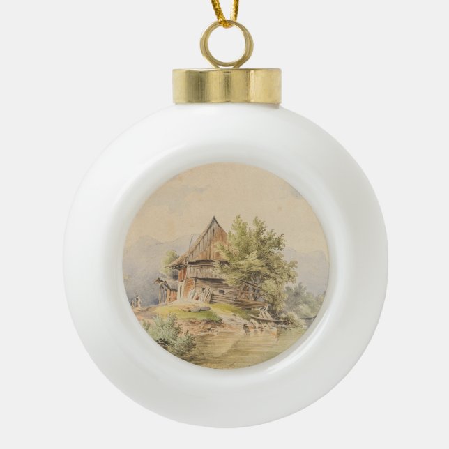 Holzhütte am See – Carl Lafite Ceramic Ball Christmas Ornament (Front)