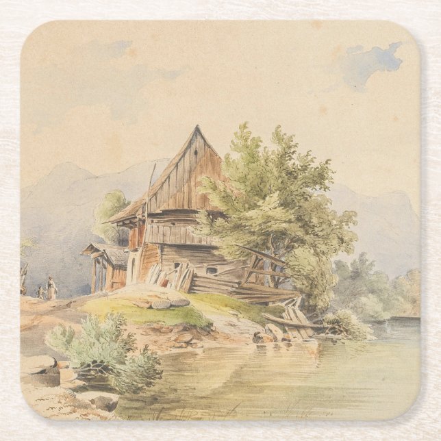 Holzhütte am See – Carl Lafite Square Paper Coaster (Front)