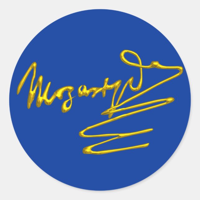 HOMAGE TO MOZART Gold Signature Of Composer Blue Classic Round Sticker (Front)