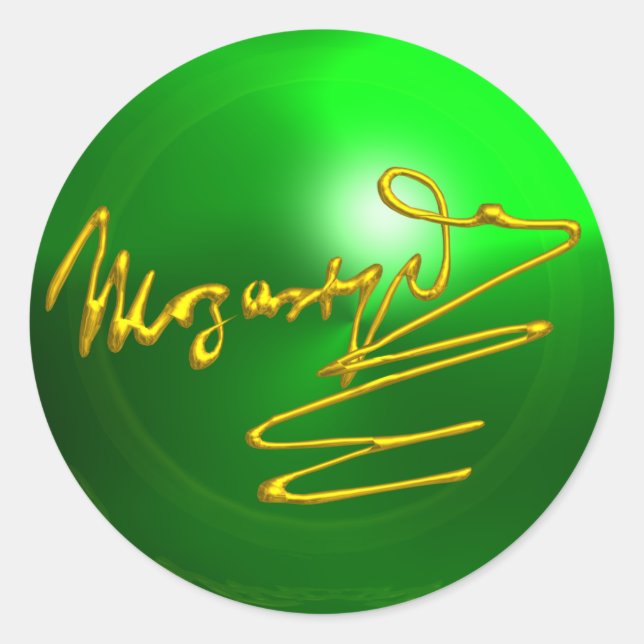 HOMAGE TO MOZART Gold Signature of Composer Green Classic Round Sticker (Front)