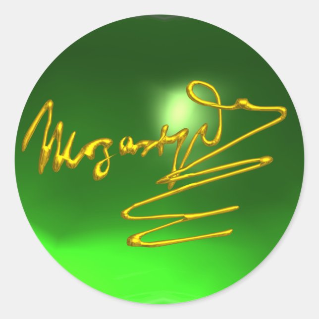 HOMAGE TO MOZART Gold Signature of Composer Green Classic Round Sticker (Front)