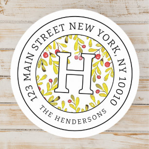 Home Address Chic Modern Christmas Family Monogram Classic Round Sticker