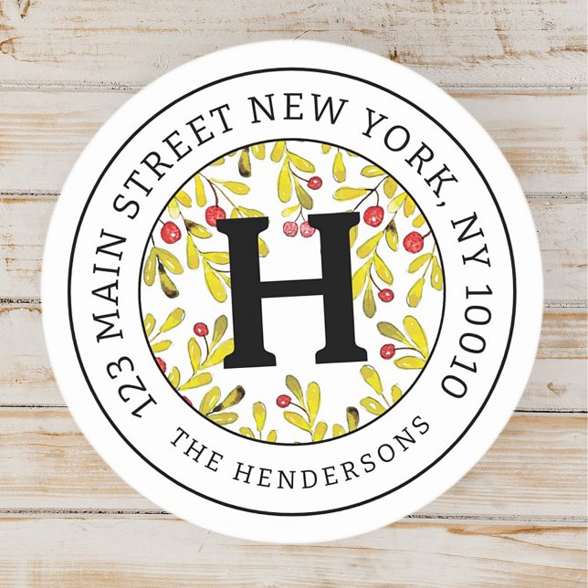 Home Address Chic Modern Christmas Family Monogram Classic Round Sticker (Creator Uploaded)