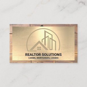 Home and Commercial Building Logo Gold Wood Business Card