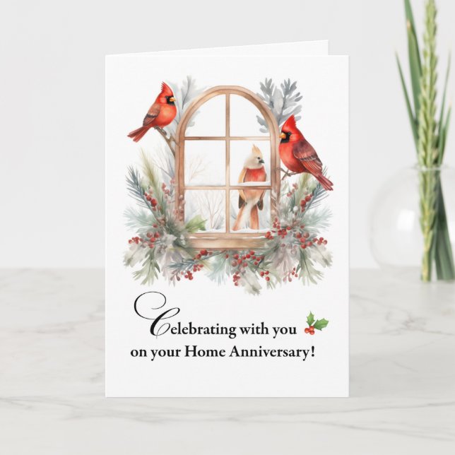Home Anniversary Cardinal Birds in Winter Window Card (Front)