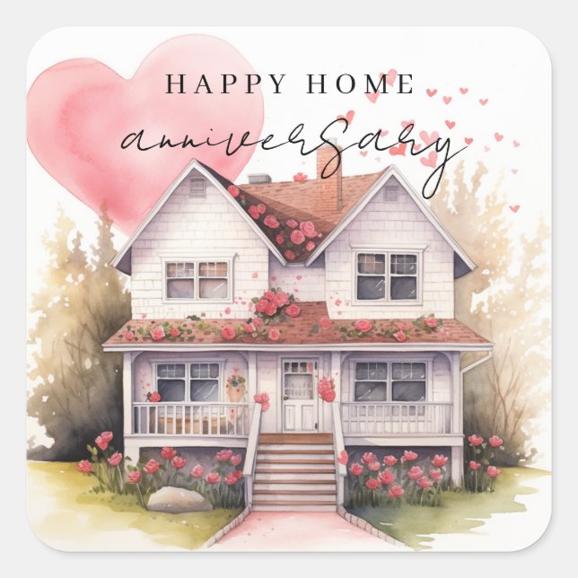 Home Anniversary Heart Watercolor House Realty Square Sticker (Front)