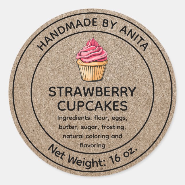 Home Baked Strawberry Cupcakes Label Kraft (Front)