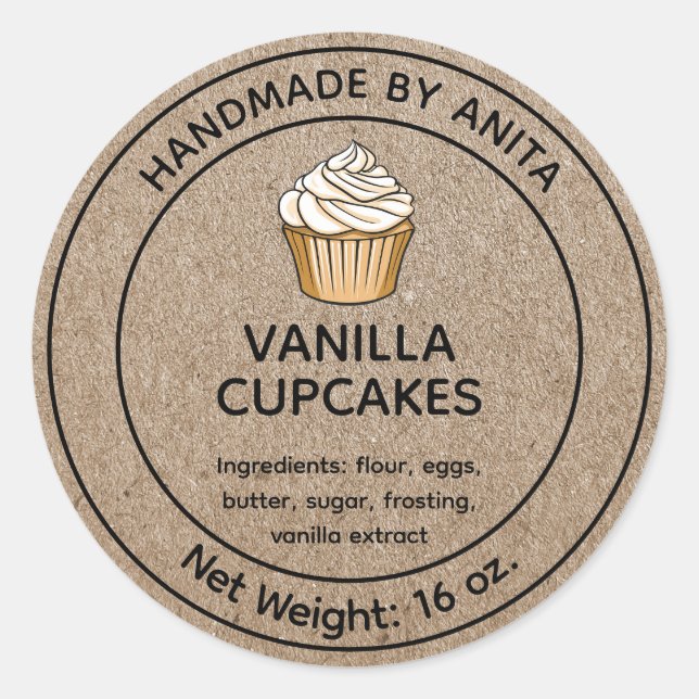 Home Baked Vanilla Cupcakes Label Kraft (Front)