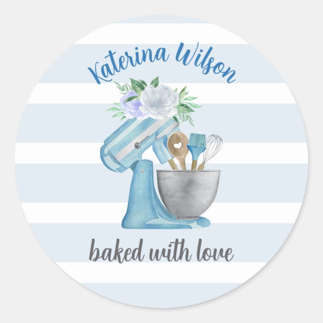 Home Bakery Blue Flower Mixer baked with love  Classic Round Sticker (Front)