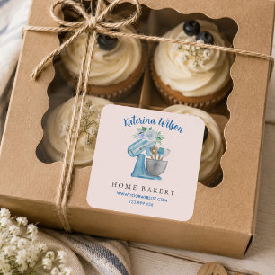 Home Bakery Blue Flower Mixer Square Sticker