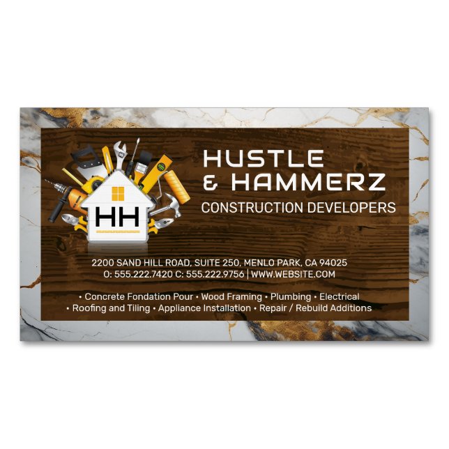 Home Build Construction Tools | Wood | Marble Magnetic Business Card (Front)