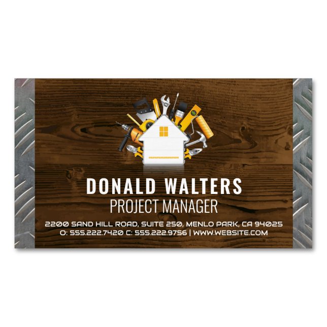 Home Build Construction Tools | Wood | Steel Magnetic Business Card (Front)