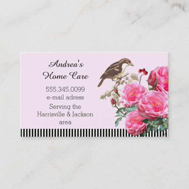 Home Care Pink Roses and Bird Business Card (Front)