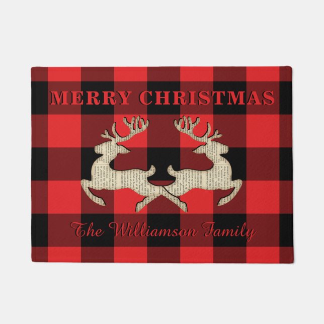 Home Christmas Deer Antlers Red Black Gingham Doormat (Front)