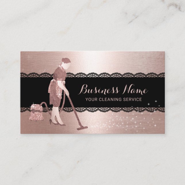 Home Cleaning Modern Rose Gold Black Laced Maid Business Card (Front)