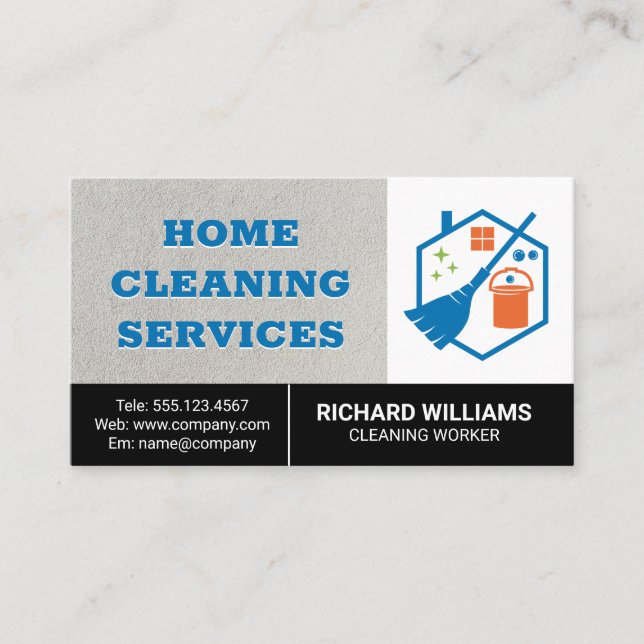 Home Cleaning | Mop Broom House Logo Business Card (Front)