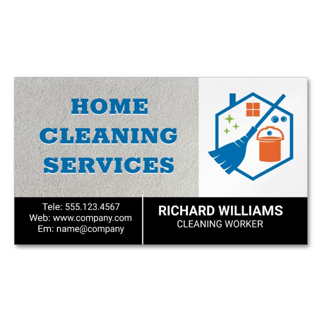 Home Cleaning | Mop Broom House Logo Magnetic Business Card (Front)