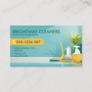 Home Cleaning Services Teal Yellow QR Code Business Card