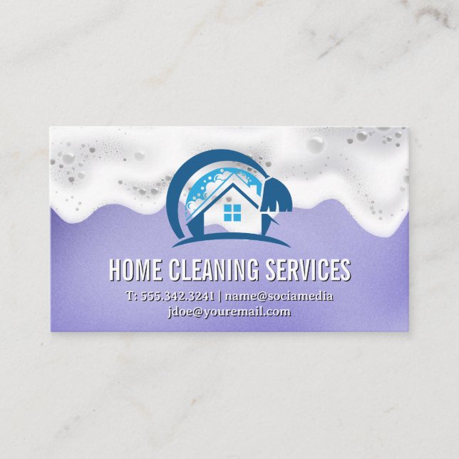 Home Cleaning | Soap Suds | Blue Metallic Business Card (Front)