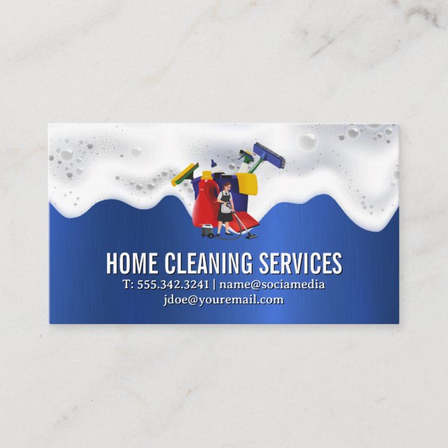 Home Cleaning | Soap Suds | Blue Metallic Texture Business Card (Front)
