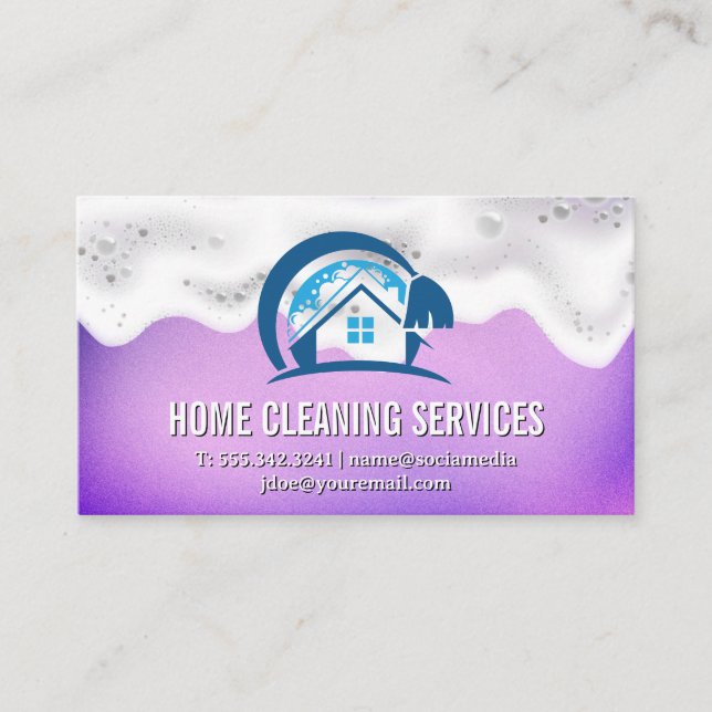 Home Cleaning | Soap Suds | Purple Metallic Business Card (Front)