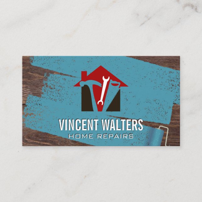 Home Construction | Wooden Boards | Painter Roller Business Card (Front)