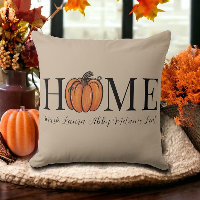 Home Fall Pumpkin Personalised Family Names Beige Cushion (Creator Uploaded)