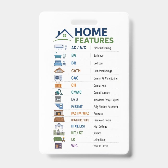 Home Features Abbreviations Cheat Sheet, Real Esta ID Badge (Front)